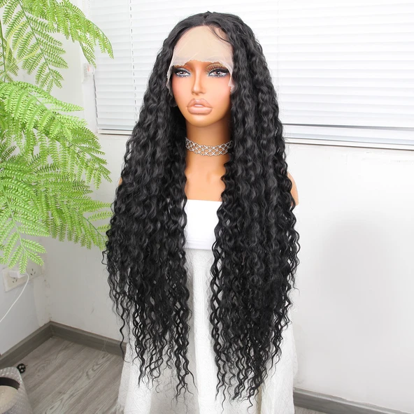 Afro Dalga Siyah Fiber Sentetik Tül Peruk - 3