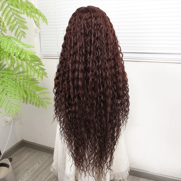 Afro Dalga Çikolata Kahve Fiber Sentetik Tül Peruk - 4