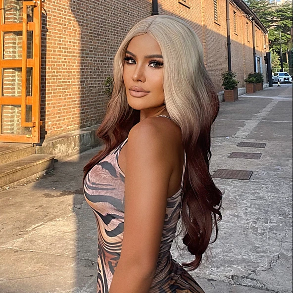 Platin Çikolata Kahve Ombreli Uzun Dalgalı Tül Peruk - 4