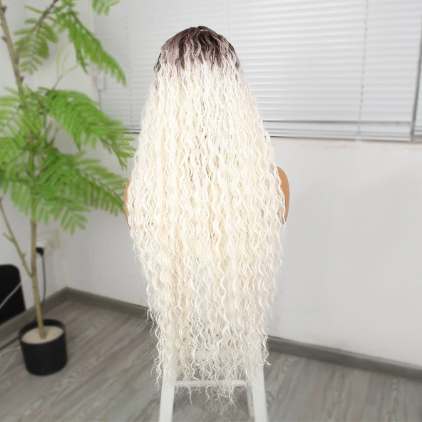 Afro Dalga Kumral Beyaz Platin Ombre Fiber Sentetik Tül Peruk - Resim 4
