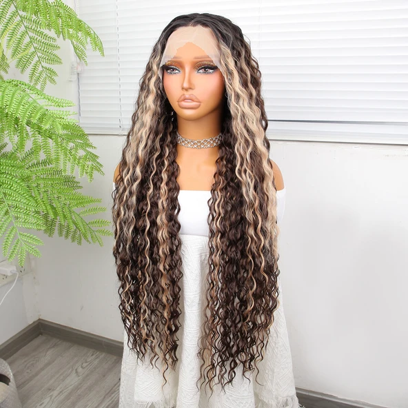 Afro Dalga Doğal Çikolata Kahve Ombreli Işıltılı Fiber Sentetik Tül Peruk - 3