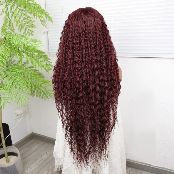 Afro Dalga Kızıl Kahve Fiber Sentetik Tül Peruk - Resim 4