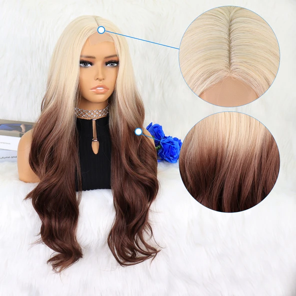 Platin Çikolata Kahve Ombreli Uzun Dalgalı Tül Peruk - 7