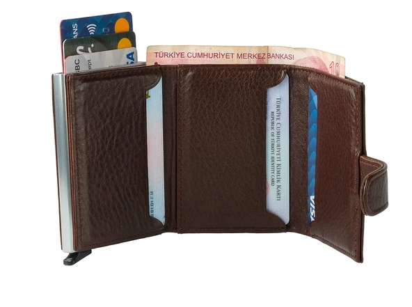 Bagacar DG02 Hakiki Deri Çıtçıtlı Mekanizmalı Cüzdan Kartlık Kahve - 3