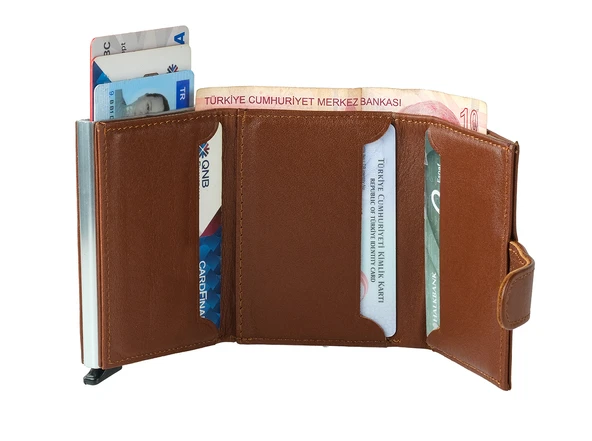Bagacar DG02 Hakiki Deri Çıtçıtlı Mekanizmalı Cüzdan Kartlık Camel - 4