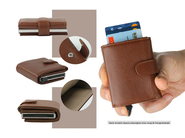 Bagacar DG02 Hakiki Deri Çıtçıtlı Mekanizmalı Cüzdan Kartlık Lacivert - 6