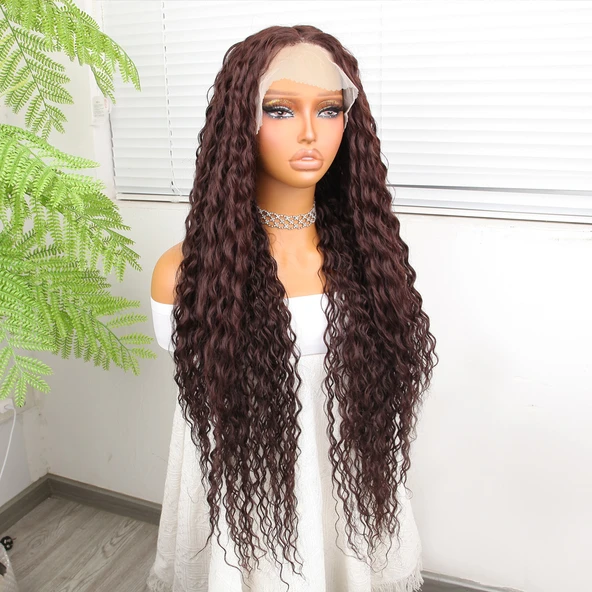 Afro Dalga Çikolata Kahve Fiber Sentetik Tül Peruk - 2