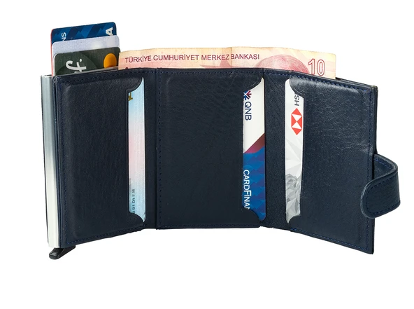 Bagacar DG02 Hakiki Deri Çıtçıtlı Mekanizmalı Cüzdan Kartlık Lacivert - 3