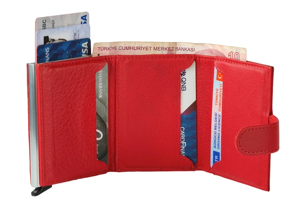 Bagacar DG02 Hakiki Deri Çıtçıtlı Mekanizmalı Cüzdan Kartlık Kırmızı - 3