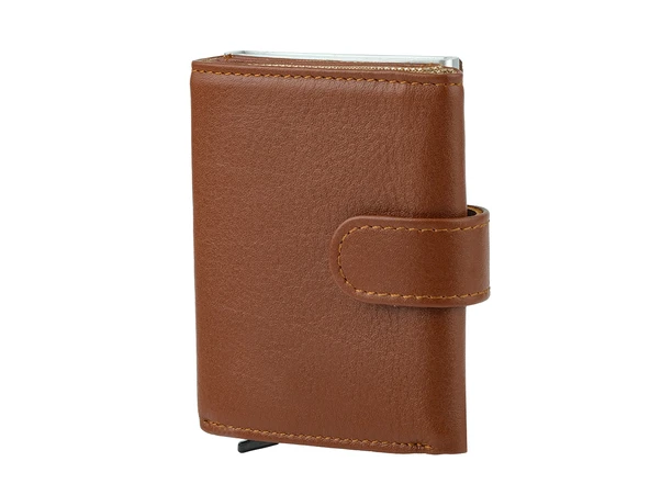 Bagacar DG02 Hakiki Deri Çıtçıtlı Mekanizmalı Cüzdan Kartlık Camel - 8