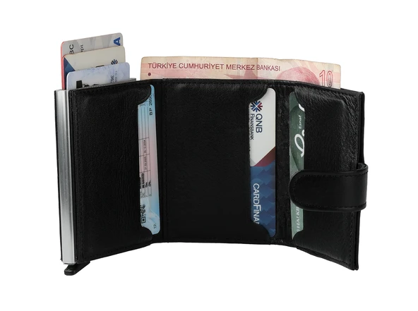Bagacar DG02 Hakiki Deri Çıtçıtlı Mekanizmalı Cüzdan Kartlık Siyah - 3
