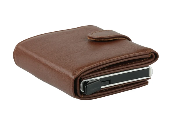 Bagacar DG02 Hakiki Deri Çıtçıtlı Mekanizmalı Cüzdan Kartlık Camel - 5