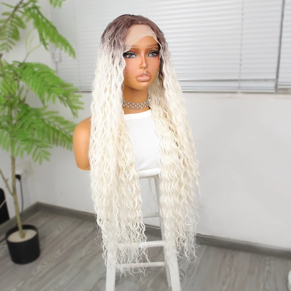 Afro Dalga Kumral Beyaz Platin Ombre Fiber Sentetik Tül Peruk - Resim 2