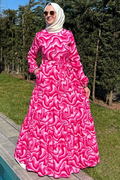 Su Desenli Elbise Pembe - Resim 7