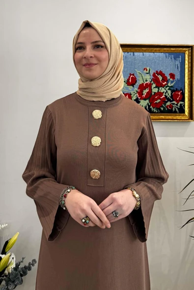 Banu Broşlu Triko Elbise Sütlü Kahve - Resim 4