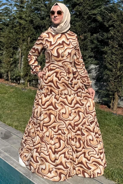 Su Desenli Elbise Kahve - Resim 7