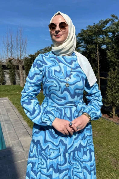 Su Desenli Elbise Mavi - Resim 4