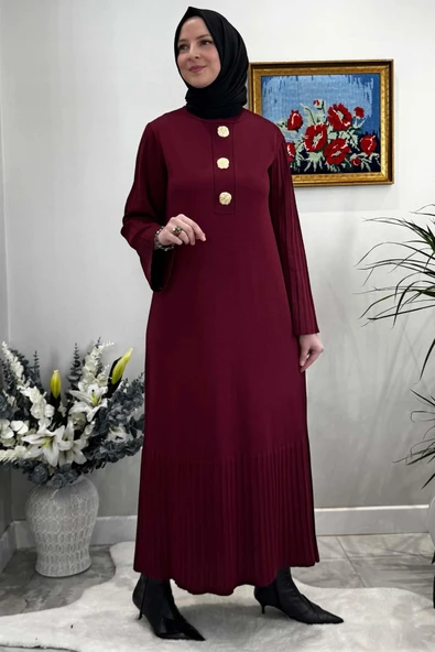 Banu Broşlu Triko Elbise Bordo - 3