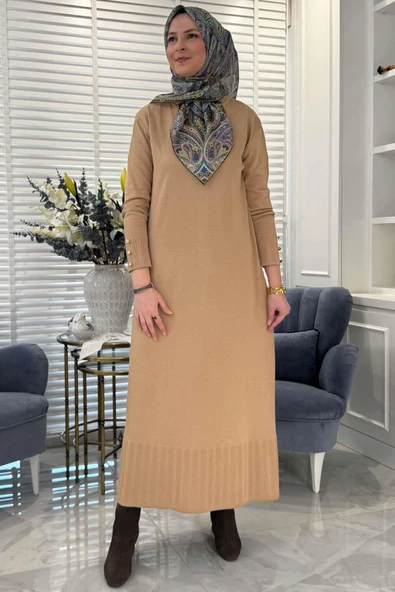 İsra Triko Elbise Bej - 8