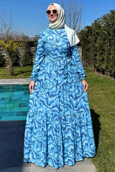 Su Desenli Elbise Mavi - Resim 3