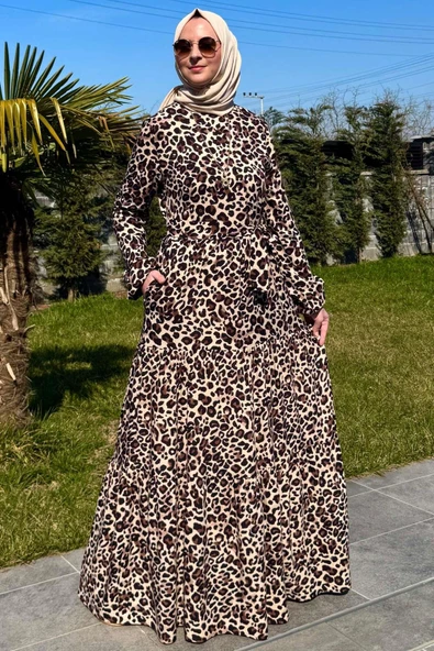 Leopar Desenli Elbise Kahve - Resim 3