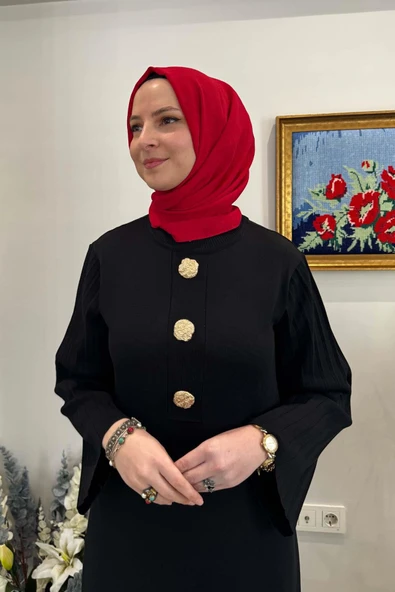 Banu Broşlu Triko Elbise Siyah - Resim 4