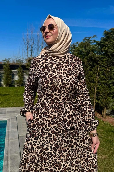 Leopar Desenli Elbise Kahve - Resim 4