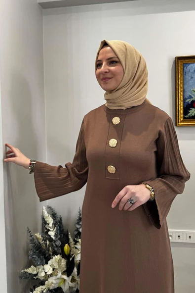 Banu Broşlu Triko Elbise Sütlü Kahve - Resim 6