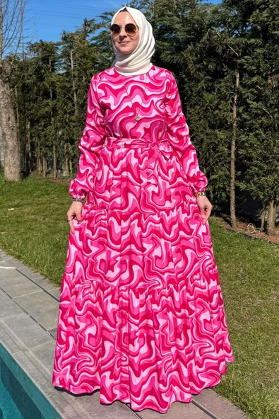 Su Desenli Elbise Pembe - Resim 6