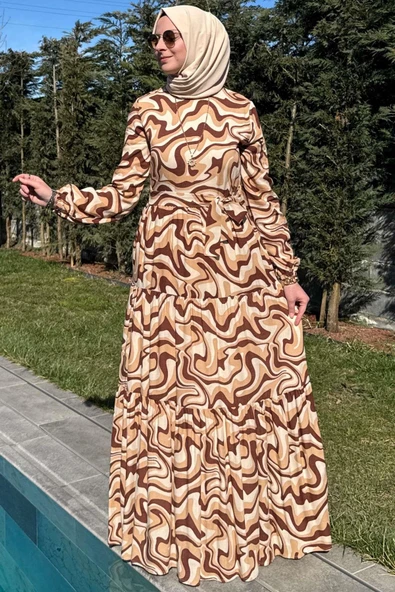 Su Desenli Elbise Kahve - Resim 3