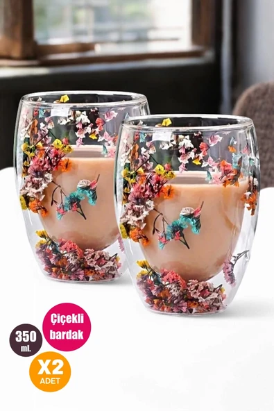 Tilbe Home 2'li Çift Cidarlı Flower Cup 350ml Çiçekli Bardak Kahve Çay Bardağı El Yapımı Cam Bardak Seti