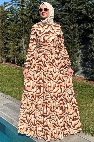 Su Desenli Elbise Kahve - Resim 8