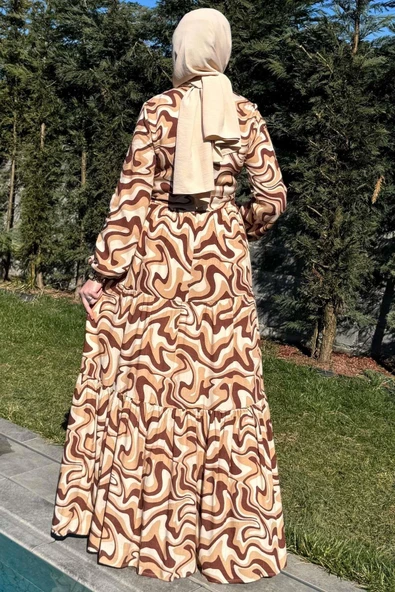 Su Desenli Elbise Kahve - Resim 9