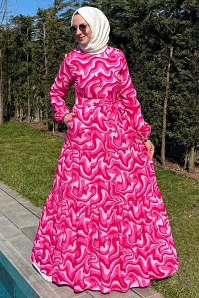 Su Desenli Elbise Pembe - Resim 3