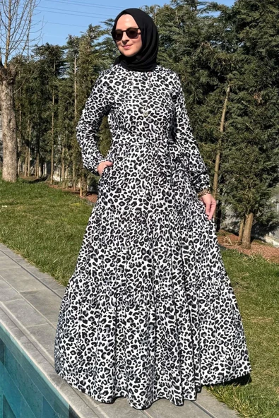 Leopar Desenli Elbise Siyah - 9