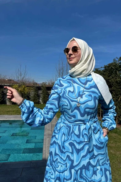 Su Desenli Elbise Mavi - Resim 6