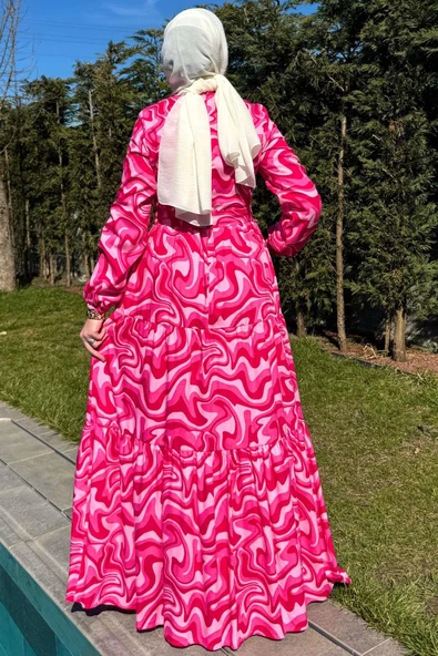 Su Desenli Elbise Pembe - Resim 8