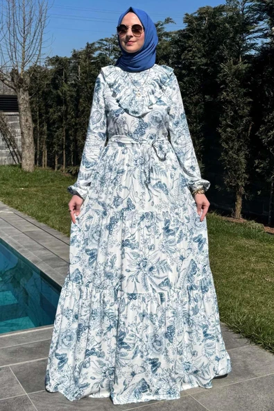 Botanik Elbise Mavi - Resim 7