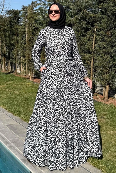 Leopar Desenli Elbise Siyah - 3