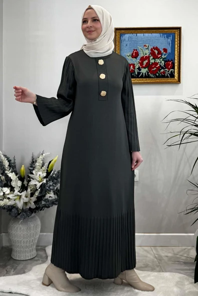 Banu Broşlu Triko Elbise Haki - Resim 3