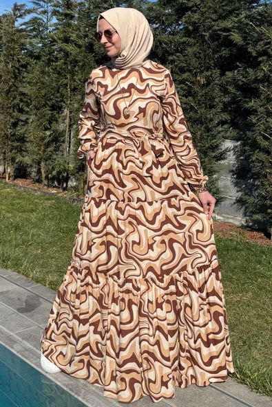 Su Desenli Elbise Kahve - Resim 6