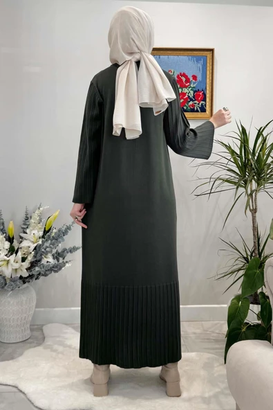 Banu Broşlu Triko Elbise Haki - Resim 7