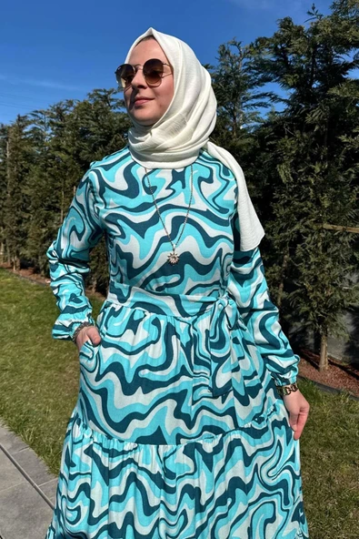 Su Desenli Elbise Turkuaz - 2