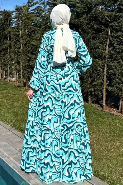 Su Desenli Elbise Turkuaz - 9