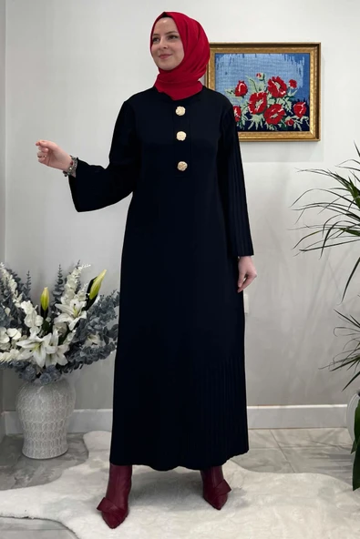 Banu Broşlu Triko Elbise Siyah - Resim 3