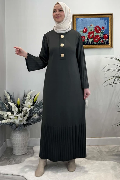 Banu Broşlu Triko Elbise Haki - Resim 5