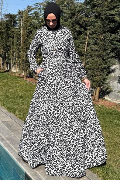 Leopar Desenli Elbise Siyah - 7