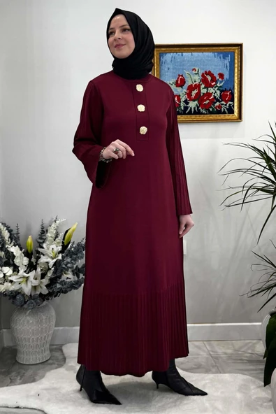 Banu Broşlu Triko Elbise Bordo - 5