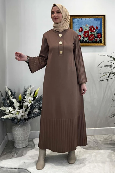 Banu Broşlu Triko Elbise Sütlü Kahve - Resim 5