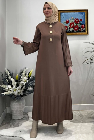 Banu Broşlu Triko Elbise Sütlü Kahve ürün görseli 1